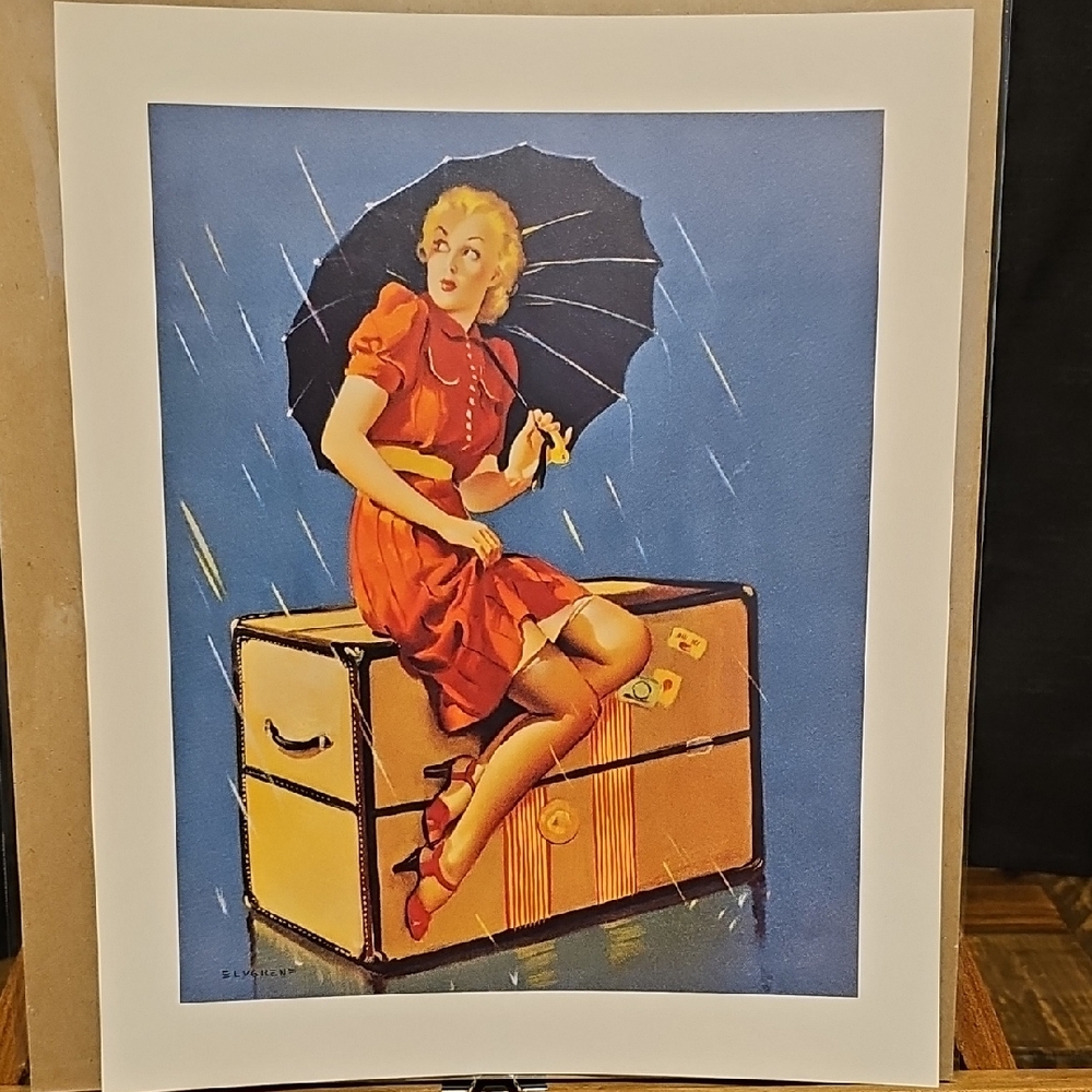 Vintage Pin-Up Style Art Print with Red Dress and Black Umbrella - Elvgren